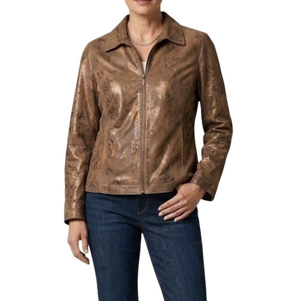 Chico’s Womens Brown Gold Metallic Snakeskin Leather Full Zip Jacket Coat Size 2